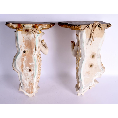 251 - A LARGE PAIR OF 19TH CENTURY ROYAL WORCESTER BISQUE PORCELAIN WALL BRACKETS modelled as mermaid putt... 