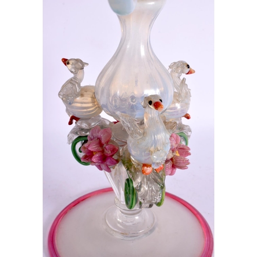 265 - AN UNUSUAL 1920S VASELINE GLASS CANDLESTICK. 61 cm high.