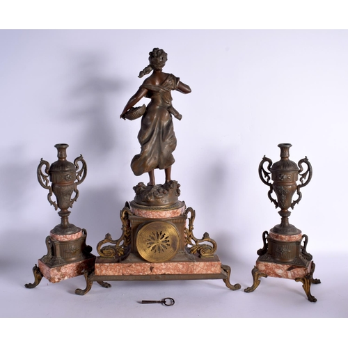 271 - A LARGE ANTIQUE SPELTER CLOCK GARNITURE. Clock 53 cm x 18 cm. (3)