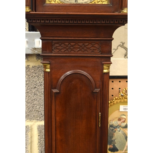 275 - A LATE VICTORIAN/EDWARDIAN MAHOGANY GRANDMOTHER CLOCK playing on eight bells, with moon aperture and... 