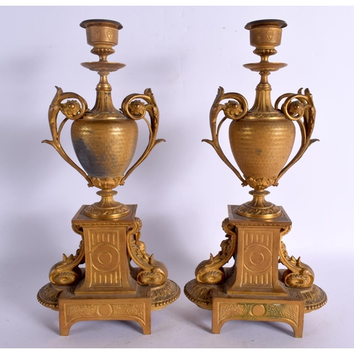 287 - A PAIR OF ANTIQUE FRENCH ORMOLU AND SEVRES PORCELAIN CANDLESTICKS. 34 cm x 10 cm.