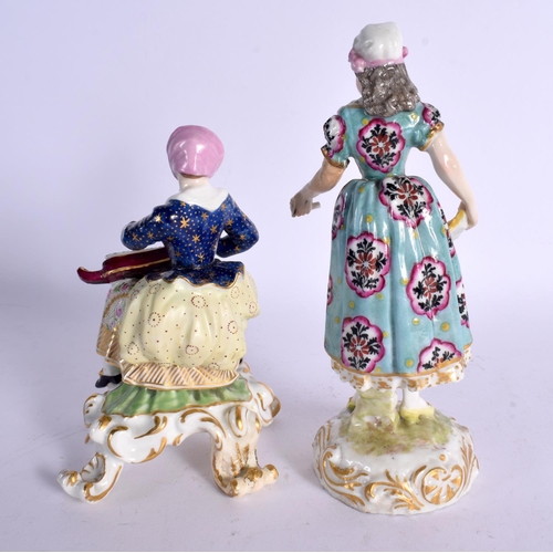 31 - A 19TH CENTURY ENGLISH DERBY PORCELAIN FIGURE together with a European figure of a female. Largest 1... 