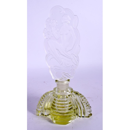 37 - A LOVELY FRENCH ART DECO GLASS SCENT BOTTLE AND STOPPER decorated with a nude female. 18 cm x 7 cm.