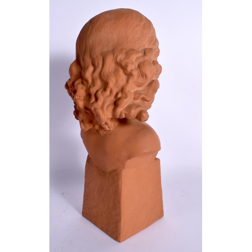 41 - AN ART DECO TERRACOTTA BUST OF A YOUNG FEMALE modelled upon a square plinth. 30 cm x 12 cm.