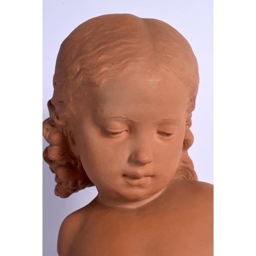 41 - AN ART DECO TERRACOTTA BUST OF A YOUNG FEMALE modelled upon a square plinth. 30 cm x 12 cm.