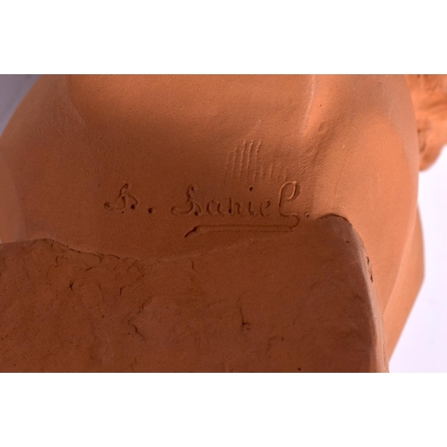 41 - AN ART DECO TERRACOTTA BUST OF A YOUNG FEMALE modelled upon a square plinth. 30 cm x 12 cm.