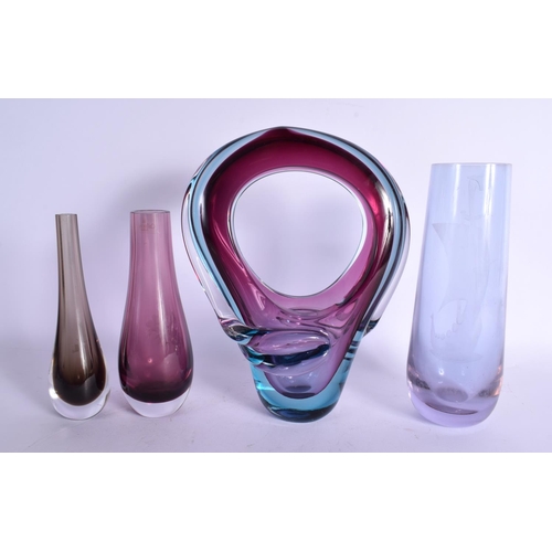 50 - FOUR VINTAGE  ART GLASS VASES. Largest 27 cm x 14 cm. (4)