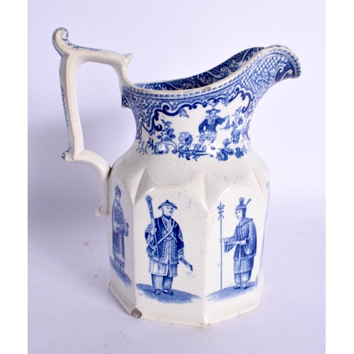 60 - AN UNUSUAL ANTIQUE BLUE AND WHITE JUG printed with figures. 17 cm high.