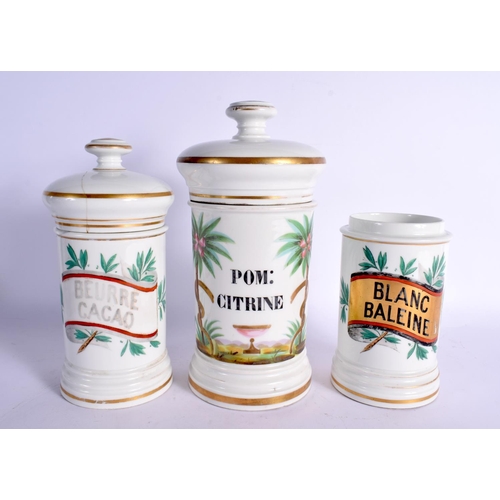 66 - THREE 19TH CENTURY CHEMIST APOTHECARY POTTERY JARS. Largest 28 cm high. (3)