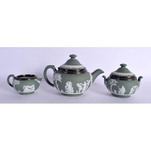 7 - A WEDGWOOD GREEN JASPERWARE THREE PIECE SILVER TEASET. Largest 14 cm wide. (3)