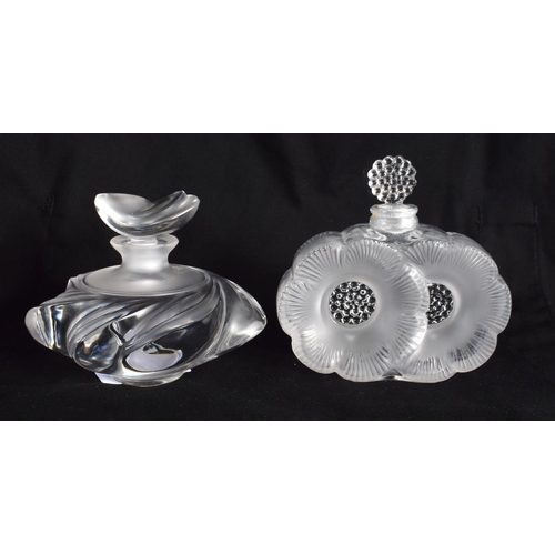 78 - TWO FRENCH LALIQUE GLASS SCENT BOTTLES. 9 cm x 9 cm. (2)