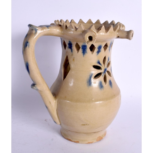 8 - A 19TH CENTURY ENGLISH STONEWARE RETICULATED PUZZLE JUG Joseph Kipling Deep Gill 1873. 18 cm high.