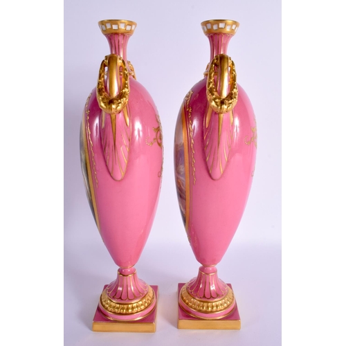 81 - A FINE PAIR OF ROYAL WORCESTER VASES BY HARRY DAVIS each body with a pink ground and a main panel of... 