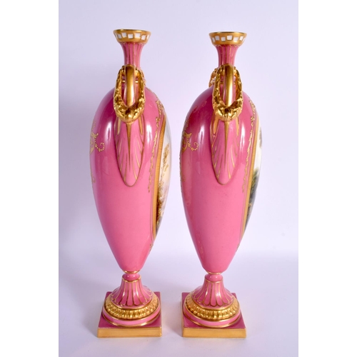 81 - A FINE PAIR OF ROYAL WORCESTER VASES BY HARRY DAVIS each body with a pink ground and a main panel of... 