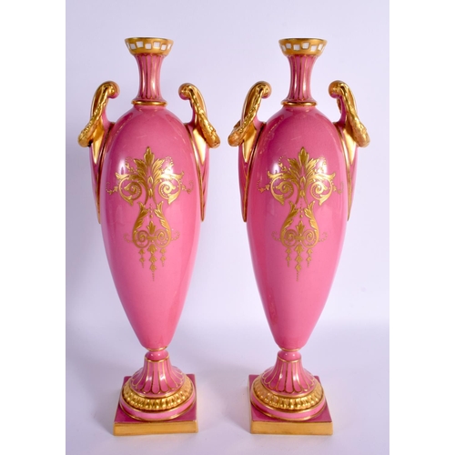 81 - A FINE PAIR OF ROYAL WORCESTER VASES BY HARRY DAVIS each body with a pink ground and a main panel of... 