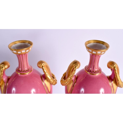 81 - A FINE PAIR OF ROYAL WORCESTER VASES BY HARRY DAVIS each body with a pink ground and a main panel of... 