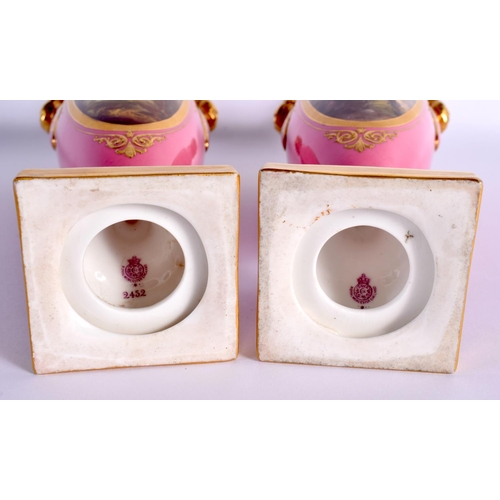 81 - A FINE PAIR OF ROYAL WORCESTER VASES BY HARRY DAVIS each body with a pink ground and a main panel of... 