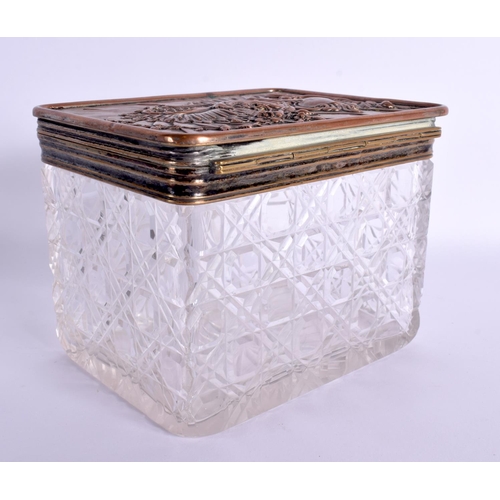 85 - AN ANTIQUE CUT GLASS SILVER PLATED BOX AND COVER. 15 cm x 12 cm.