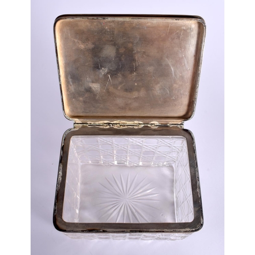 85 - AN ANTIQUE CUT GLASS SILVER PLATED BOX AND COVER. 15 cm x 12 cm.