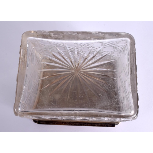 85 - AN ANTIQUE CUT GLASS SILVER PLATED BOX AND COVER. 15 cm x 12 cm.