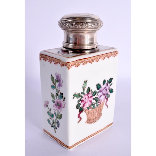 86 - AN ANTIQUE FRENCH SAMSONS OF PARIS SCENT BOTTLE AND COVER with silver mounts. 13 cm x 6.5 cm.