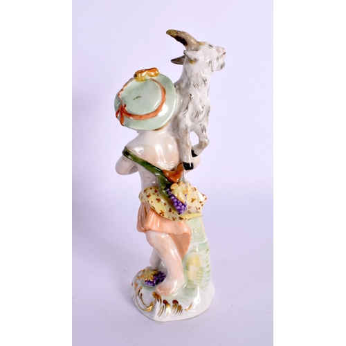 94 - A 19TH CENTURY CONTINENTAL PORCELAIN FIGURE modelled holding a deer. 12 cm high.