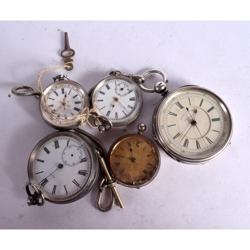 1082 - FIVE SILVER POCKET WATCHES.  Largest Hallmarked Chester 1890, dial 5.6cm, Other stamped 935 and 800,... 