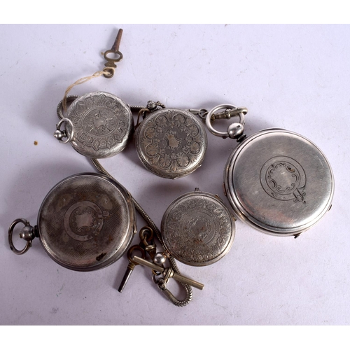 1082 - FIVE SILVER POCKET WATCHES.  Largest Hallmarked Chester 1890, dial 5.6cm, Other stamped 935 and 800,... 