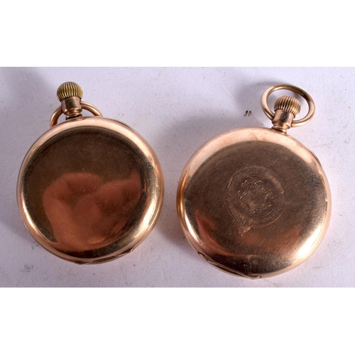 1084 - TWO YELLOW METAL POCKET WATCHES BY ELGIN AND WALTHAM.  Largest dial 5.2cm (2)