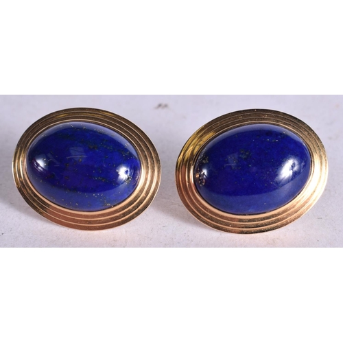 1092 - A PAIR OF 14CT GOLD MOUNTED LAPIS EARRINGS.  Stamped 14K, 2.6cm x 2.1cm, total weight 13.4g