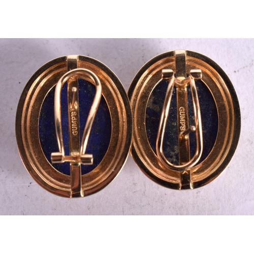 1092 - A PAIR OF 14CT GOLD MOUNTED LAPIS EARRINGS.  Stamped 14K, 2.6cm x 2.1cm, total weight 13.4g