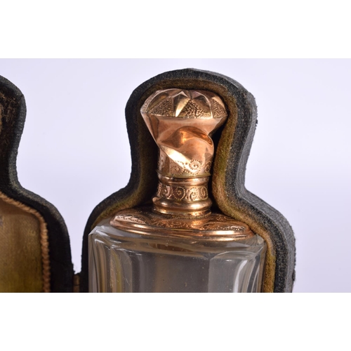 1100 - A GOLD TOPPED SCENT BOTTLE IN A FITTED CASE WITH VELVET LINING.  Bottle 9cm x 3.3cm x 2.5cm