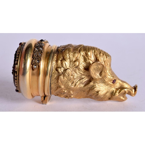 1103 - A CONTINENTAL SILVER GILT BOX MODELLED IN THE FORM OF A BOARS HEAD WITH AN ENAMEL TOP SET WITH PRECI... 