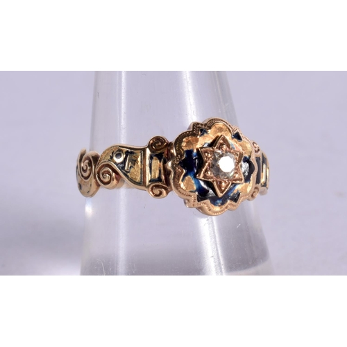 1246 - A VICTORIAN 18CT GOLD MOURNING RING BY ASTON AND SONS OF BIRMINGHAM, SET WITH ENAMEL AND A DIAMOND. ... 