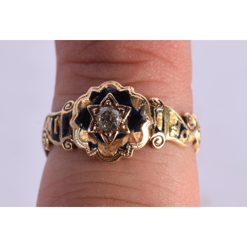 1246 - A VICTORIAN 18CT GOLD MOURNING RING BY ASTON AND SONS OF BIRMINGHAM, SET WITH ENAMEL AND A DIAMOND. ... 