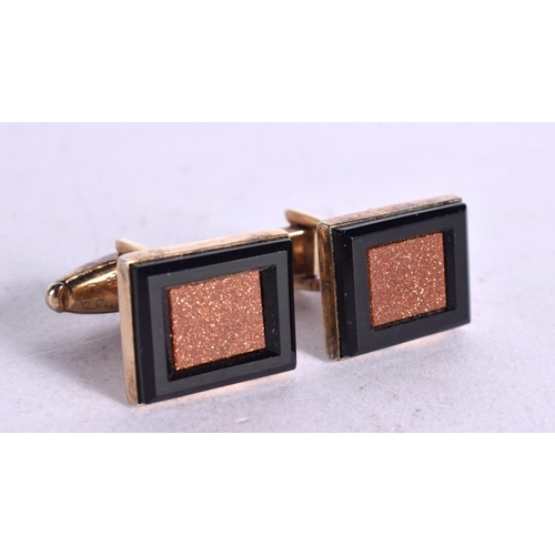 1249 - VINTAGE SILVER GOLDSTONE MEN'S CUFFLINKS.  Stamped Silver, 1.8cm x 1.4cm, weight 11.6g