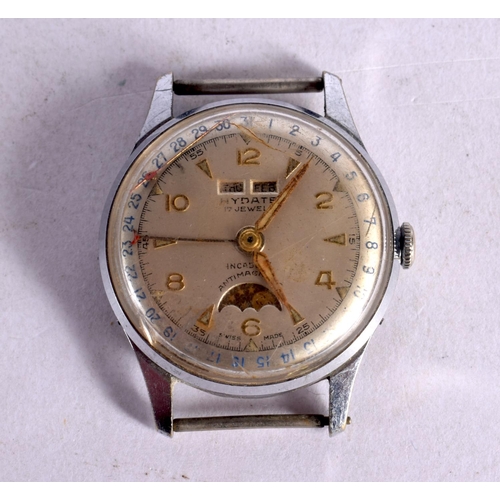 1250 - TRIPLE DATE MOONPHASE VINTAGE MENS STAINLESS STEEL 1950S WATCH.  Dial 3.4cm incl crown