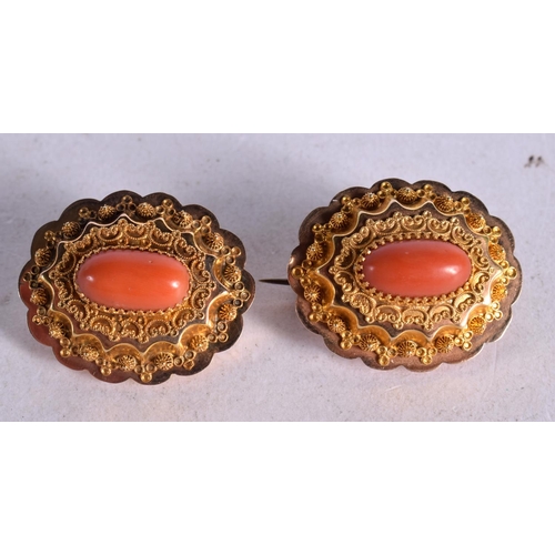 1254 - TWO VICTORIAN HIGH CARAT ANTIQUE GOLD AND CORAL BROOCHES.  3cm x 2.5cm, total weight 11g (2)