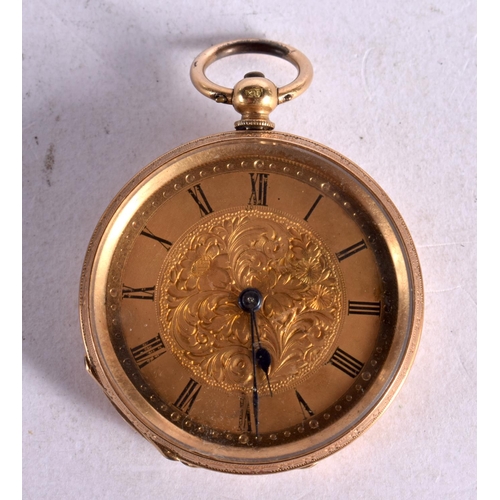 1258 - AN 18CT GOLD FOB WATCH.  Stamped 18K, 3.6cm dial, weight 39g