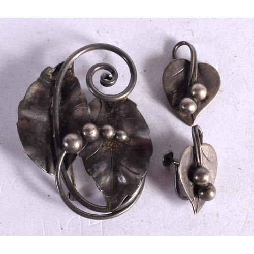 1259 - VINTAGE GEORG JENSEN STERLING SILVER LEAF AND BERRY BROOCH NO.108 WITH MATCHING EARRINGS.  Stamped S... 