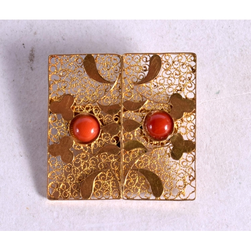 1261 - ANTIQUE FILIGREE GOLD AND CORAL BROOCH.  2.8cm x 2.8cm, weight 4.2g