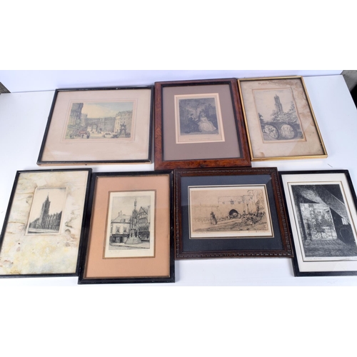 3875 - A group of framed antique etchings and lithographs largest 18 x 25cm.