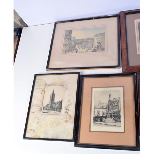 3875 - A group of framed antique etchings and lithographs largest 18 x 25cm.