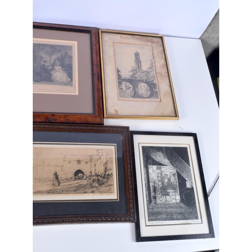 3875 - A group of framed antique etchings and lithographs largest 18 x 25cm.