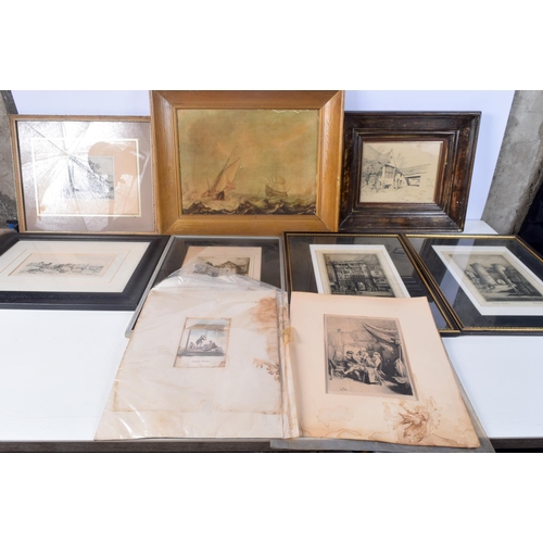 3878 - A group of framed antique etchings and a framed Oleograph  largest 28 x 38 cm (9)