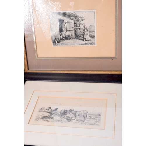 3878 - A group of framed antique etchings and a framed Oleograph  largest 28 x 38 cm (9)