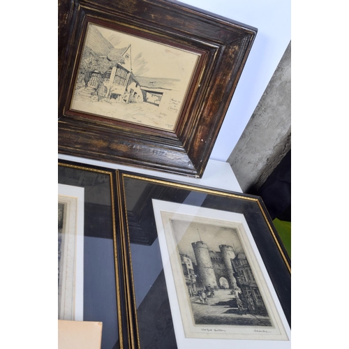 3878 - A group of framed antique etchings and a framed Oleograph  largest 28 x 38 cm (9)