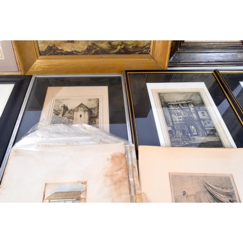 3878 - A group of framed antique etchings and a framed Oleograph  largest 28 x 38 cm (9)