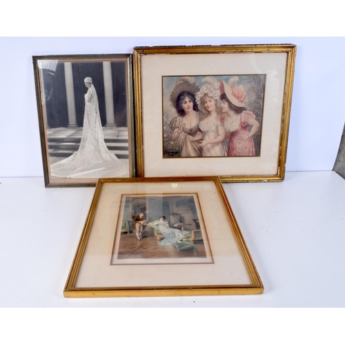 3880 - A pair of framed lithographs together with a photograph of a  female in a Art Nouveau dress 39 x 28 ... 