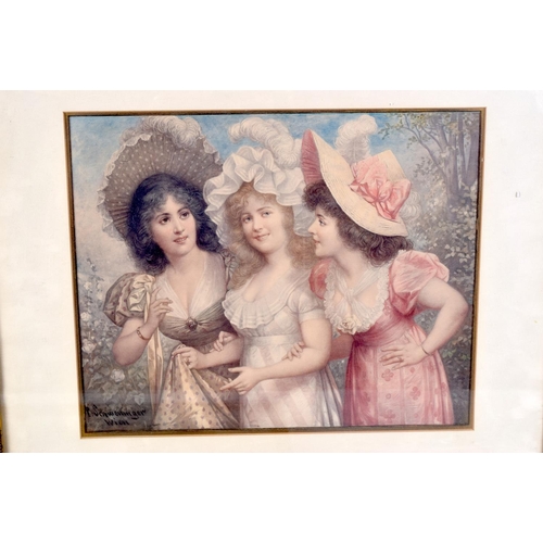 3880 - A pair of framed lithographs together with a photograph of a  female in a Art Nouveau dress 39 x 28 ... 